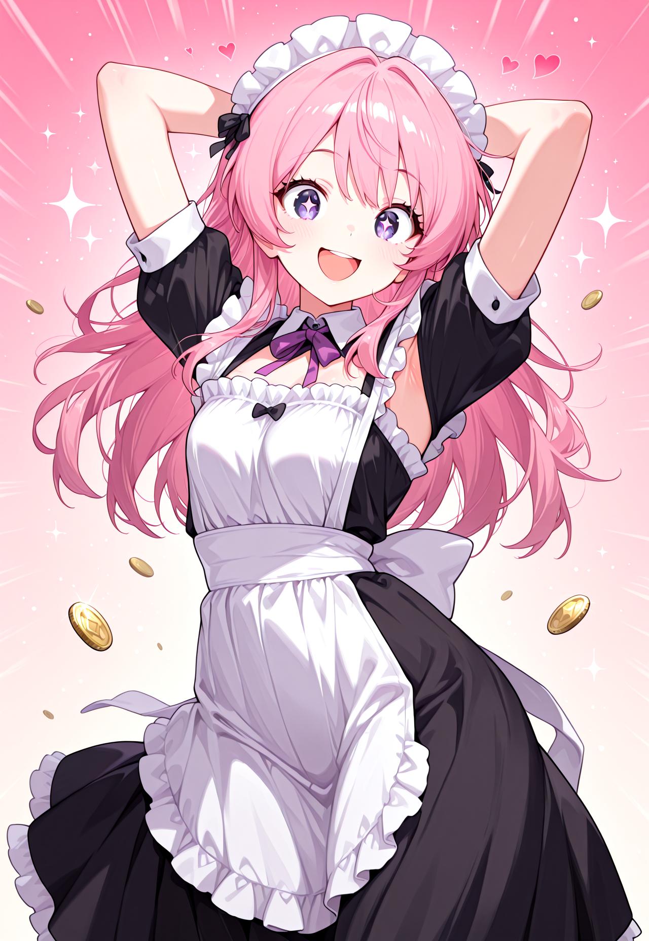 absurdres, masterpiece, 1girl, anime girl, solo, looking at viewer, BREAK, CivChan, purple eyes, pink hair, BREAK, maid headband, maid outfit, long skirt, BREAK, smile, open mouth, mememe dance, me!me!me! dance (meme), dancing, bouncing, arms up, hand behind head, armpits, pink background, (glitter, hearts, sparkles:1.2), coins,