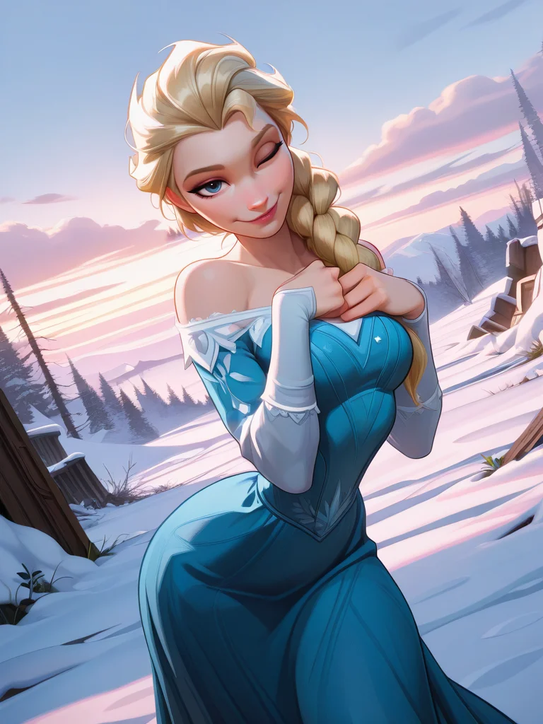 highres, hi res, best quality, masterpiece,
1girl, medium breasts, narrow waist, wide hips, (ElsaXL:1.1), blonde hair, blue eyes, single braid, hair over shoulder, blue dress, bare shoulders, long sleeves, long skirt,
naughty face, dutch angle, naughty pose, looking at viewer, vegetation, snow, ruins, sky, clouds, daylight, portrait, dynamic pose, cowboy shot, head tilt, hands on chest, one eye closed, dutch angle, leaning forward,
 <lora:ElsaXL_Character:0.75> <lora:AMarvelRivals_style-06:1> MarvelRivals,,, semi realistic, cartoon,,,
