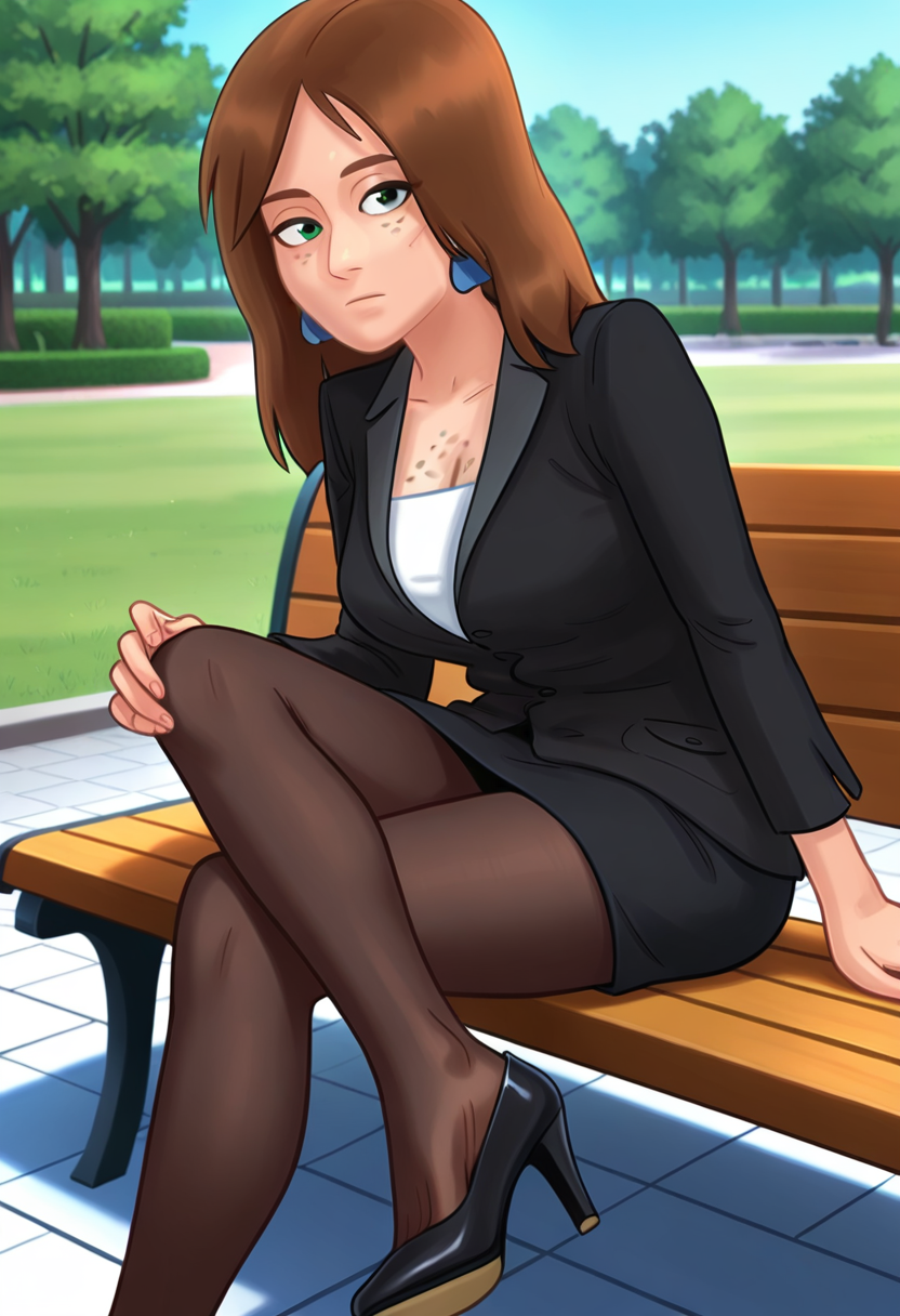 <lora:Ms Bissette [Illustrious] - Summertime Saga:1>, FRM, green eyes, freckles, body freckles, long hair, brown hair, earrings, black jacket, long sleeves, white shirt, black skirt, pencil skirt, black pantyhose, high heels, black footwear, sitting, on bench, looking at the viewer, outdoors, park, blue sky, expressionless, crossed legs, adjusting shoe,