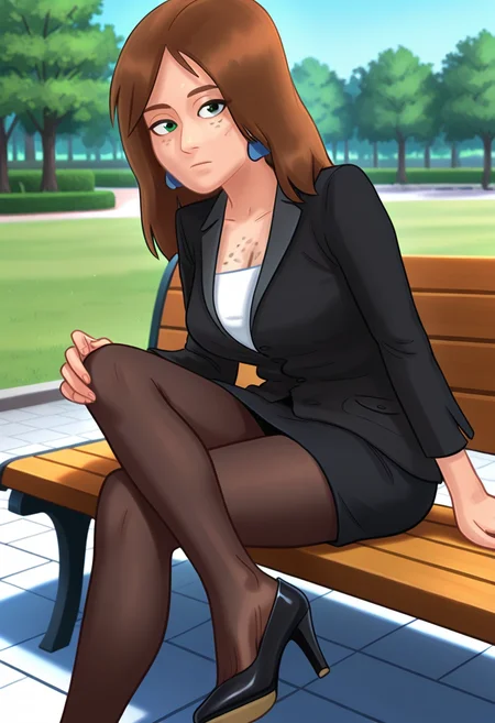<lora:Ms Bissette [Illustrious] - Summertime Saga:1>, FRM, green eyes, freckles, body freckles, long hair, brown hair, earrings, black jacket, long sleeves, white shirt, black skirt, pencil skirt, black pantyhose, high heels, black footwear, sitting, on bench, looking at the viewer, outdoors, park, blue sky, expressionless, crossed legs, adjusting shoe,