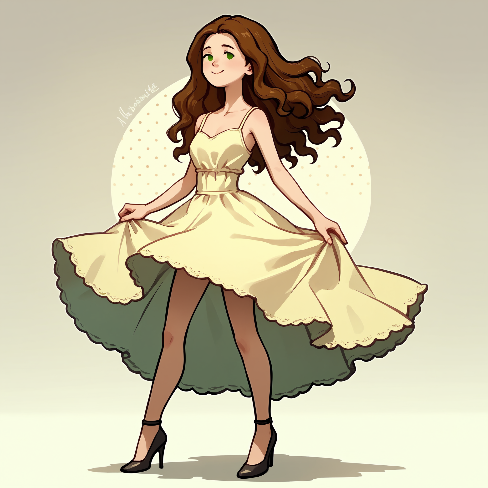 score_9, score_8_up, score_7_up, score_6_up, score_5_up, 1girl, solo, full body,
(source_cartoon),
<lora:Abigail (Storybooth):0.85>
Abigail_Storybooth, wavy hair, brown hair, green eyes, dot eyes,
dress, high heels,
detailed background,
<lora:Expressive_H:0.7> Expressiveh,
<lora:add-detail-xl:0.9>
<lora:light:1> neolight