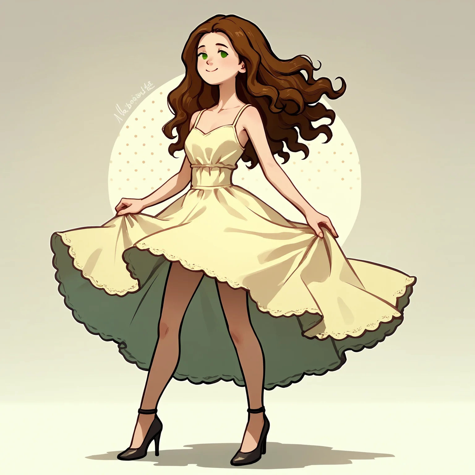 score_9, score_8_up, score_7_up, score_6_up, score_5_up, 1girl, solo, full body,
(source_cartoon),
<lora:Abigail (Storybooth):0.85>
Abigail_Storybooth, wavy hair, brown hair, green eyes, dot eyes,
dress, high heels,
detailed background,
<lora:Expressive_H:0.7> Expressiveh,
<lora:add-detail-xl:0.9>
<lora:light:1> neolight