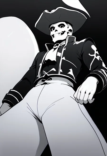 monochrome,black background,
from below, looking at viewer, grin,
matadorsmt, hat, skull, green jacket, white ascot, white pants, white gloves, green boots
,score_9,score_8_up,score_7_up,
<lora:Potat_dark_ink_v1_monochrome-RS24:1> <lora:zs_MatadorXL:1>