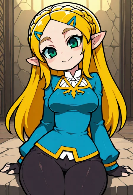 masterpiece, best quality, medium breasts, (curvy), BREAK, princess zelda, long hair, crown braid, hairclip, pointy ears, blue shirt, long sleeves, fingerless gloves, black gloves, black pants, tight pants, smile, curvy, head tilt, sitting, warm light, ,,, ,,, <lora:ZankuroIXLLight_v2:1.0>,smile, looking at viewer, cowboy shot, <lora:SuperFlatStyle_IXL:1.0>,