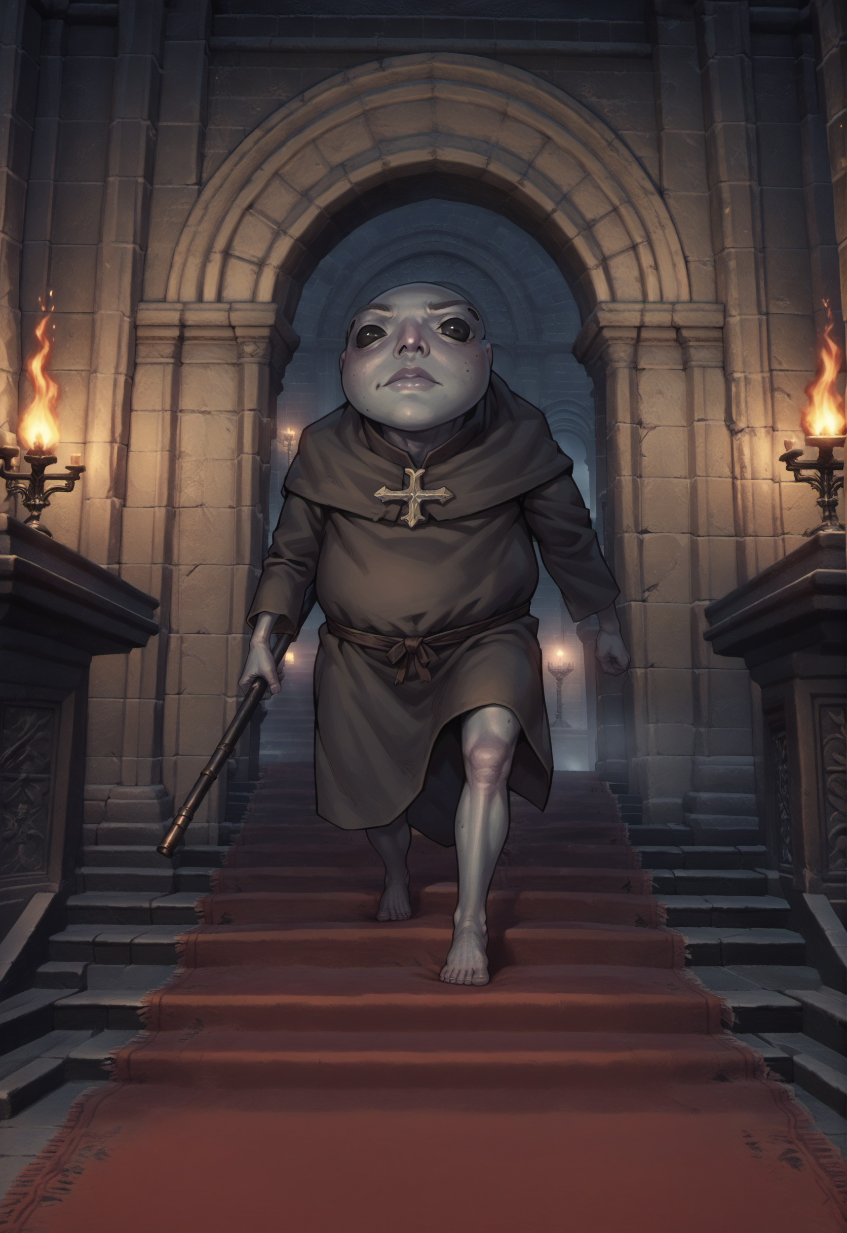 score_9, score_8_up, score_7_up, score_6_up, source anime
BREAK
(1boy:1.3), er_frogman, monster, deacon robe, walking, looking at viewer, grey skin, 
BREAK
CotDeep, indoors, church interior, archway, ornamented wall, tile floor, red carpet, stairs, torchlight, torch, stone railway, pillar, architecture, dark, wide shot, , fog, <lora:[Dark Souls III] Cathedral of the Deep Style Background_epoch_11:0.7>  <lora:er_albinauric:1>