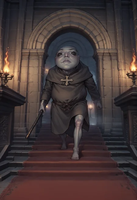 score_9, score_8_up, score_7_up, score_6_up, source anime
BREAK
(1boy:1.3), er_frogman, monster, deacon robe, walking, looking at viewer, grey skin, 
BREAK
CotDeep, indoors, church interior, archway, ornamented wall, tile floor, red carpet, stairs, torchlight, torch, stone railway, pillar, architecture, dark, wide shot, , fog, <lora:[Dark Souls III] Cathedral of the Deep Style Background_epoch_11:0.7>  <lora:er_albinauric:1>