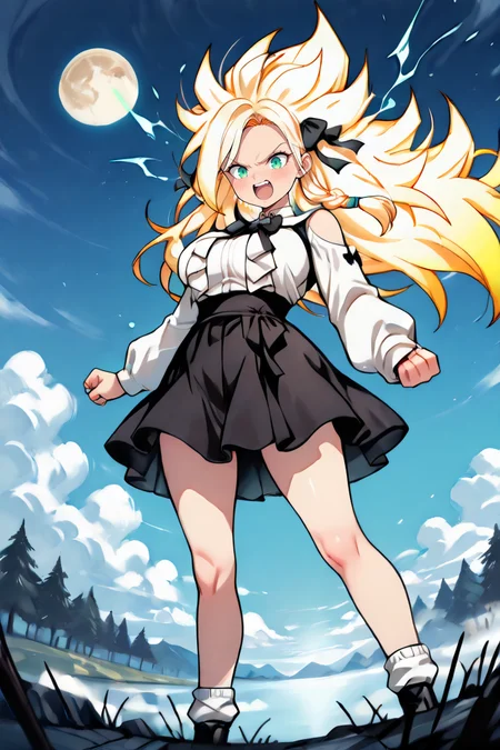 PonyScores, Expressiveh, score_9, score_8_up, score_7_up, 1girl, source_anime, rating_explicit, (Alina Clover), (green eyes), standing, long hair, hair ribbon, braid, frilled shirt, white shirt, long sleeves, black bow, high-waist skirt, black skirt, white socks,
(big breasts), masterpiece, best quality, good quality, newest, best resolution, 32K, holographic colors, uncensored, ambient occlusion, raytracing, soft lighting, absolutely eye-catching, intricate cinematic background, (sexy, slutty, seductive), colored skin, tilted head, (intense colors:1.2), (gentle, very delicate:1.1), ethereal hair, looking at viewer, fascinated, light blush, (upper body), seductive smile, <lora:AlinaCloverIllustriousApexAi:1>, detailed hands, detailed eyes, close-up, blushing, shy expression, slim body, detailed hand, Highly detailed, detailed skin, realistic body, natural light, natural shadows, depth of field, Detailed, Extremely Detailed, 32k, (electrokinesis), (electricity), standing, looking at you, seductive smile, outdoors, sexy, full lips, (golden electricity), (glowing electricity), backlighting, blue sky, day, sun, wind, trees, clouds, moon, night, fog, (detailed eyes), (detailed face), (detailed background), (portrait), detailed landscape, (perfect lighting), (best quality), horizon, (light particles), glowing eyes, anime, (perfect female body), (beautiful eyes and face), (upper body), alternate form, toned female, slender,bare shoulders, thigh highs, ponytail, dynamic character design, detailed lips, ((focus eyes)), ((eyes focus)), (ahhhhhhhhh), (open mouth), (scream, shout), (angry), breasts, <lora:Expressive_H:1>, Expressive, powerful, energetic, vibrant, ultra detail, fire, (golden aura), (spiked hair), (super saiyan), (((super saiyan 3))), (fiery aura), (aura), perfect eyes, energy, electricity, (blue electricity), (energy charging posture), ((charging aura)), ((sparkling aura)), <lora:aura_v2_beta2:1>, <lora:CharacterDesignIllustrious_Concept:0.7>, ((blonde hair)), shiny, <lora:SuperSaiyanHair_pdxl_Incrs_v1:1>, fists, ((flying in the ski)), from below, (glowing hair:1.4), (floating hair1.5), (from_side), (from_below), grin, looking at viewer,