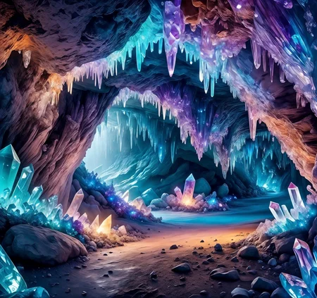 RAW photo, (masterpiece:1.3), subsurface scattering, heavy shadow, (high quality:1.4), (intricate, high detail:1.2), professional photography, HDR, High Dynamic Range, realistic, ultra realistic, photorealistic, high resolution, film photography, ambient lighting, atmospheric effects, <lora:detail_slider_v4:2>, OverallDetail, <lora:CrystalCaves:1>, cave, colorful, cryca, crystal, diamond \(gemstone\), electricity, fantasy, glowing, ice, light particles, light rays, night, night sky, no humans, ocean, outdoors, road, rock, scenery, water, waterfall