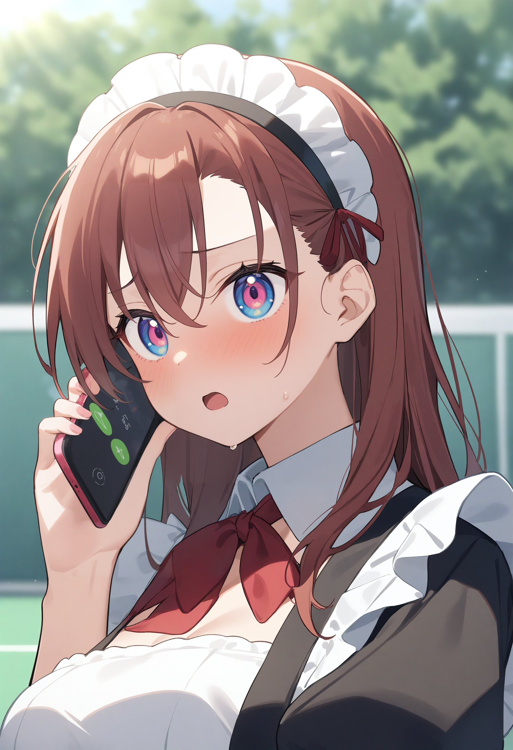 1girl,sincos, ningen mame, toosaka asagi,solo,large breasts,20yo,maid,maid headdress,
talking on phone ,smartphone,<lora:talkingonphone_XL_v1:0.8>
from side, portrait, looking at viewer, orange hair, pink eyes,scared, tennis courts, open mouth, disheveled hair,,
masterpiece,best quality, very aesthetic, absurdres