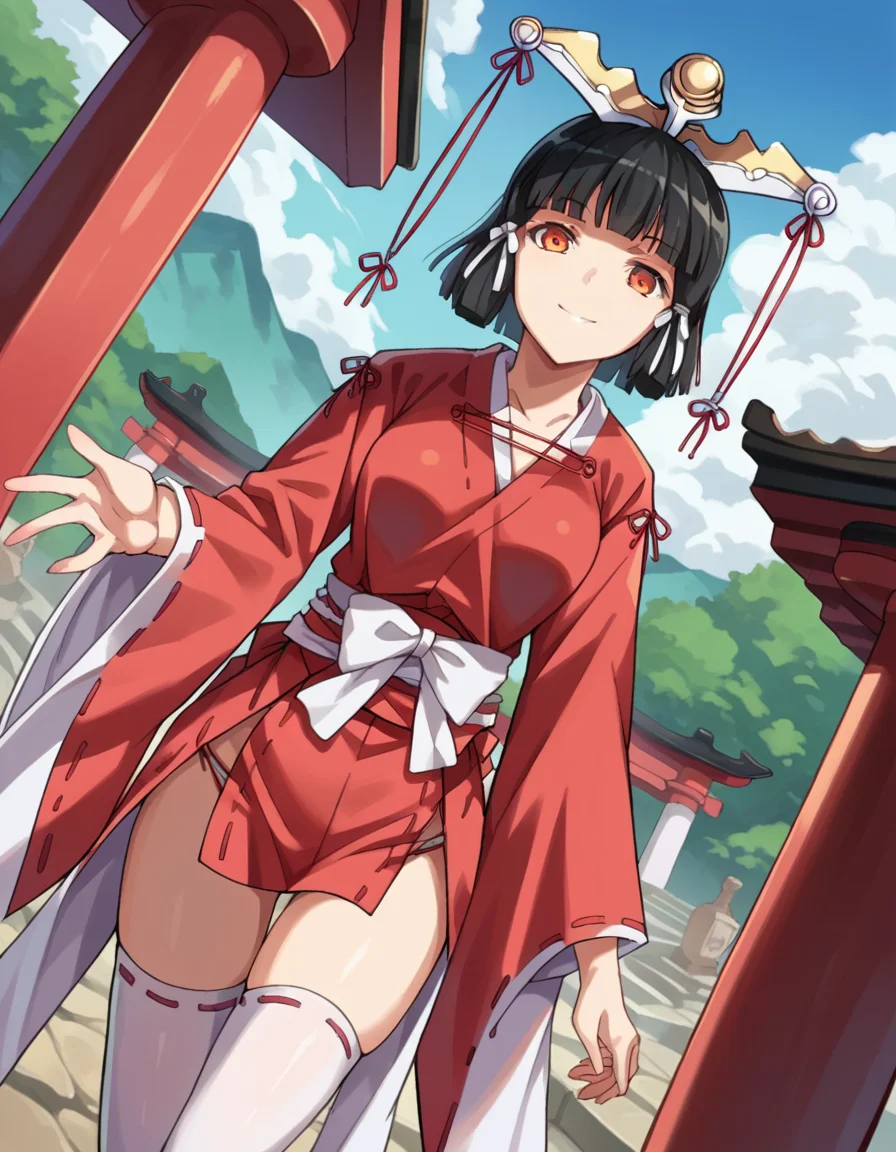 score_9, score_8_up, score_7_up, source_anime,
kuroinukaguya, <lora:kuroinu-kaguya-ova-ponyxl-lora-nochekaiser:1>,
kaguya, black hair, orange eyes, hime cut, short hair,
thighhighs, japanese clothes, miko, headdress,
outdoors, shrine, smile,
looking at viewer, cowboy shot, dutch angle, solo,