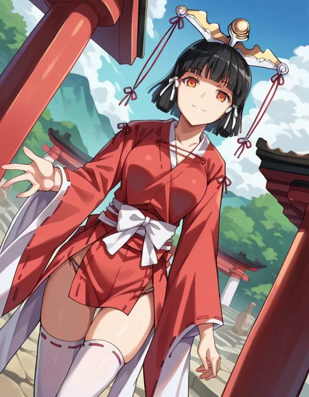 score_9, score_8_up, score_7_up, source_anime,
kuroinukaguya, <lora:kuroinu-kaguya-ova-ponyxl-lora-nochekaiser:1>,
kaguya, black hair, orange eyes, hime cut, short hair,
thighhighs, japanese clothes, miko, headdress,
outdoors, shrine, smile,
looking at viewer, cowboy shot, dutch angle, solo,