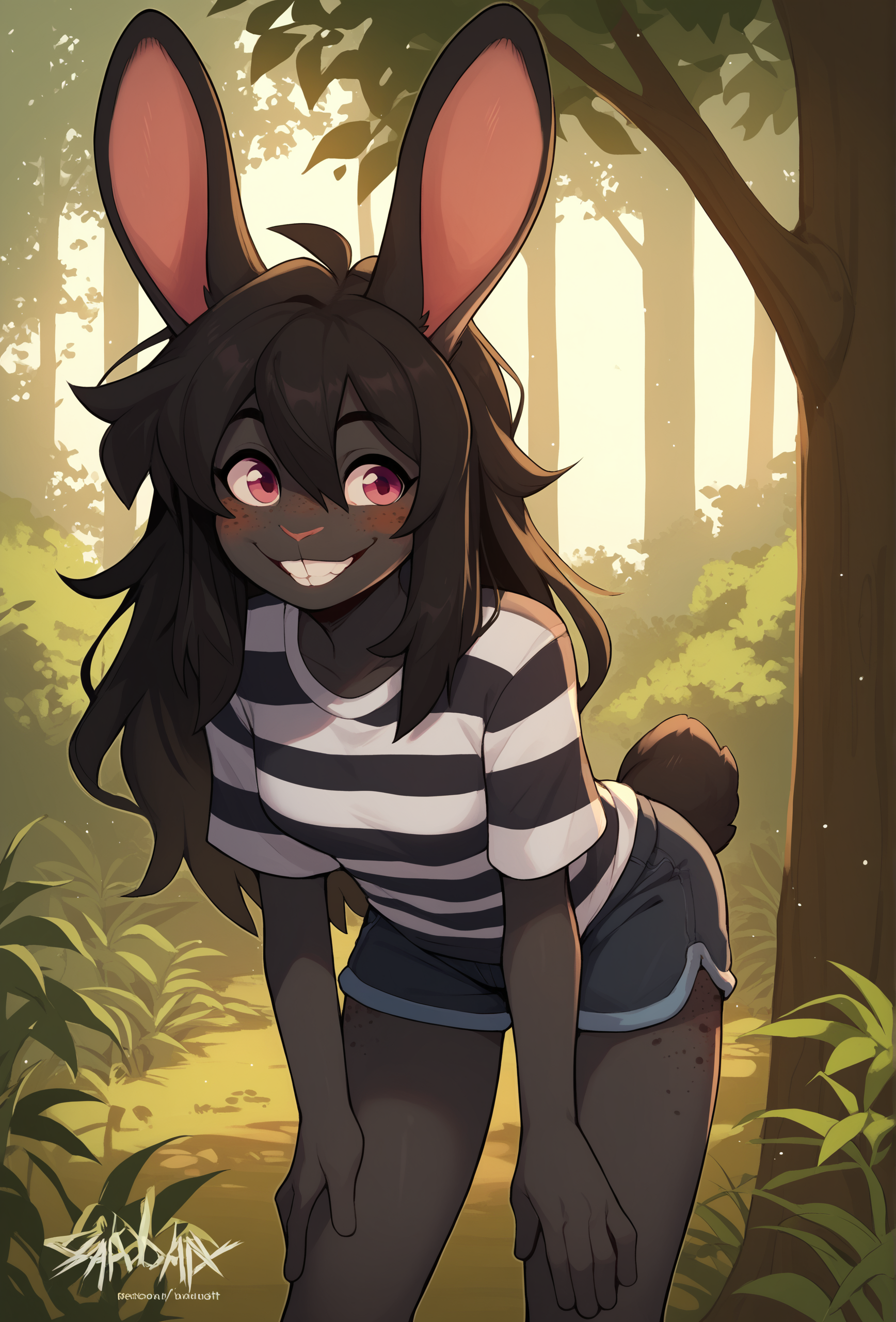 score_9, score_8_up, score_7_up, score_6_up, score_5_up, score_4_up,  <lora:zackary911_style_ponyXL_v1.3_0.99:1> forest, dappled sunlight, nature BREAK
1girl, furry, solo, female, rabbit girl, black fur, black hair, long hair, hair between eyes, sidelocks, pink eyes, smile, teeth, striped shirt, black shirt, white shirt, shorts, freckles, white freckles, leaning forward