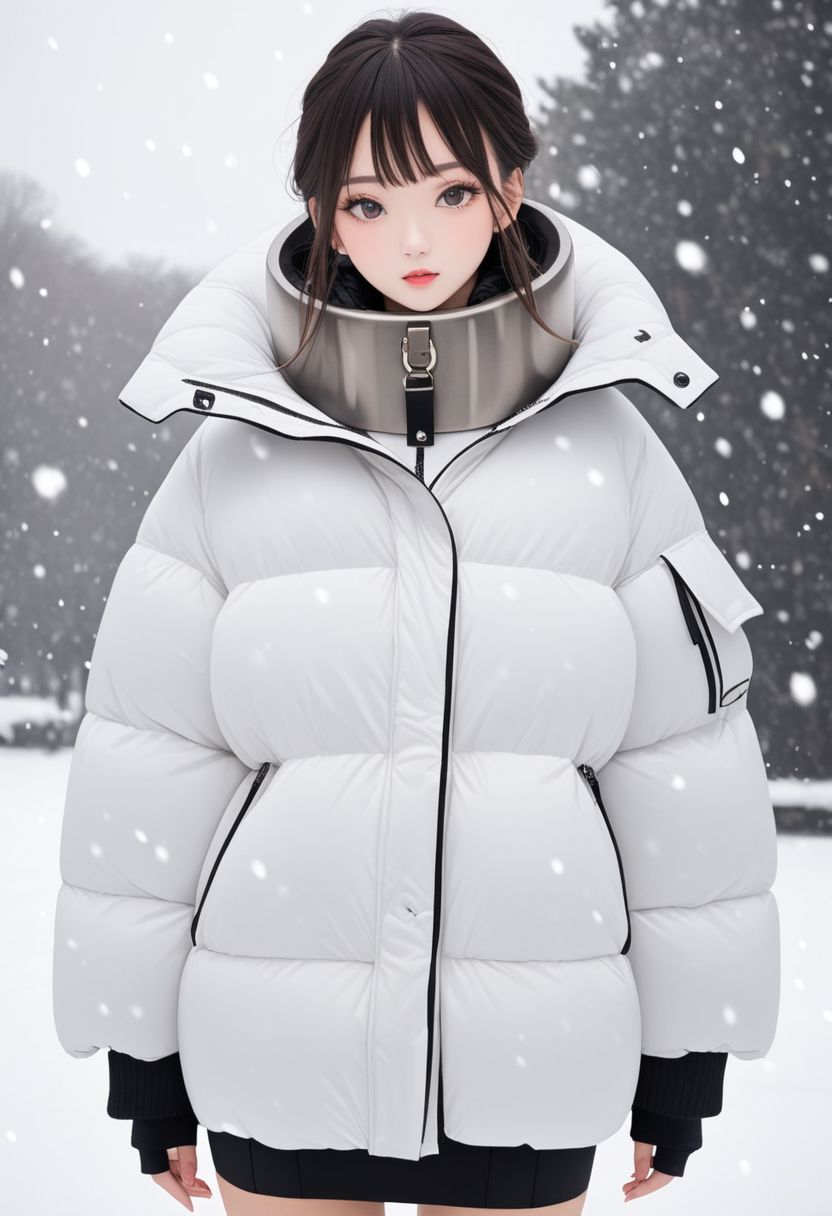 (white oversized down jacket:1.4), (white oversized puffer jacket:1.4), (oversized winter clothes:1.4), (puffer collar:1.4), upper body, pencil medium skirt, girl, winter, very very cold, snow, snowing, (Thick steel padded collar:1.4)