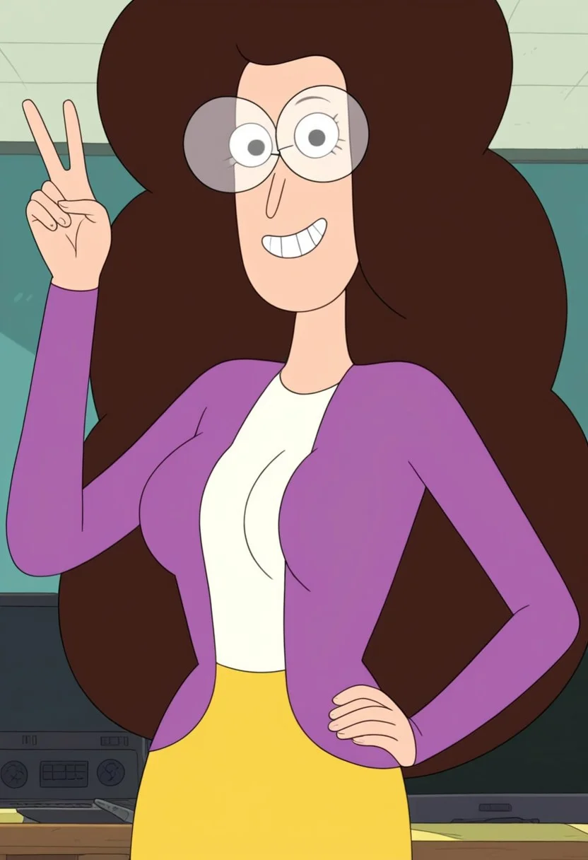 ((room background)),score_9, score_8_up, score_7_up,score_6_up,
1girl, solo, MelanieBaker_C, light skin, black eyes, voluminous fluffy hair, dark brown hair, long hair, large round glasses, purple cardigan, white shirt, yellow pencil skirt, white high socks, pink flat heels, cute, tall stature, social smile, perfect eyes, perfect smile, looking at the viewer, detailed eyes, perfect eyes, standing, big breasts (front pose, bust shot) five fingers, perfect hands, (hand on hip, hand up, v sign)