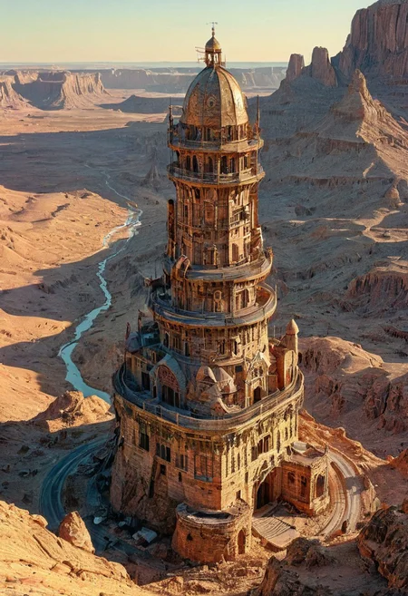 Illustration by moebius, a tower in a desert, intricate details, natural lighting, volumetric lighting maximalist. intricately detailed, complex, elegant, expansive, fantastical, film photography style,  medium grain, FRESHIDESH Moebius comic book