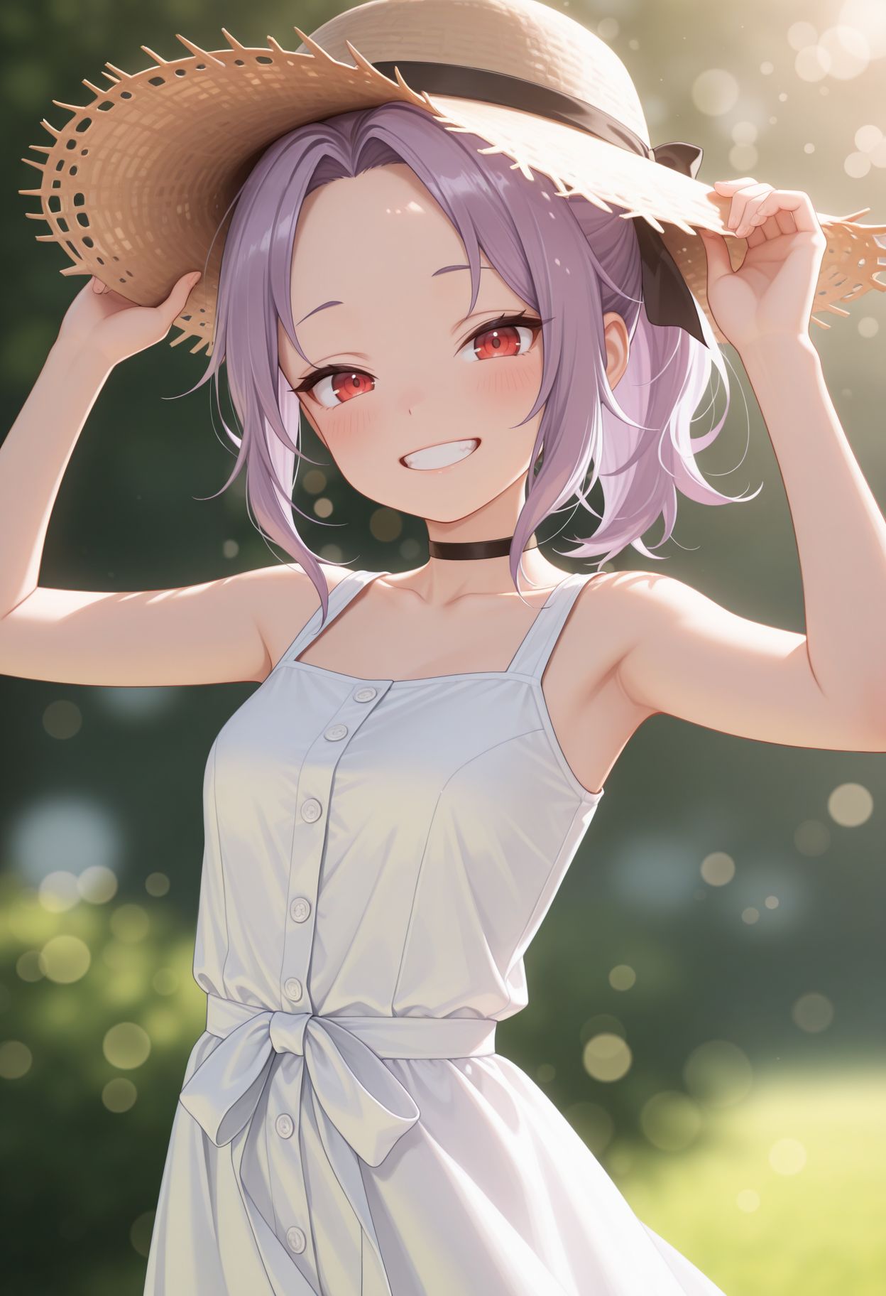 masterpiece,best quality,absurdres,highres,very aesthetic,high quality,detailed,insanely detailed,beautiful,perfect lighting, ,depth of field,blurry background,bokeh, looking at viewer, 
 <lora:Sazanka Illu:1> 1girl, purple hair, parted bangs, ponytail, red eyes, forehead, 
arms up,bare shoulders,blurry,blurry background,blush,breasts,brown hat,buttons,choker,collarbone,dress,grin,hands on headwear,hat,looking at viewer,ribbon,sleeveless,sleeveless dress,small breasts,smile,solo,straw hat,sundress,teeth,white dress