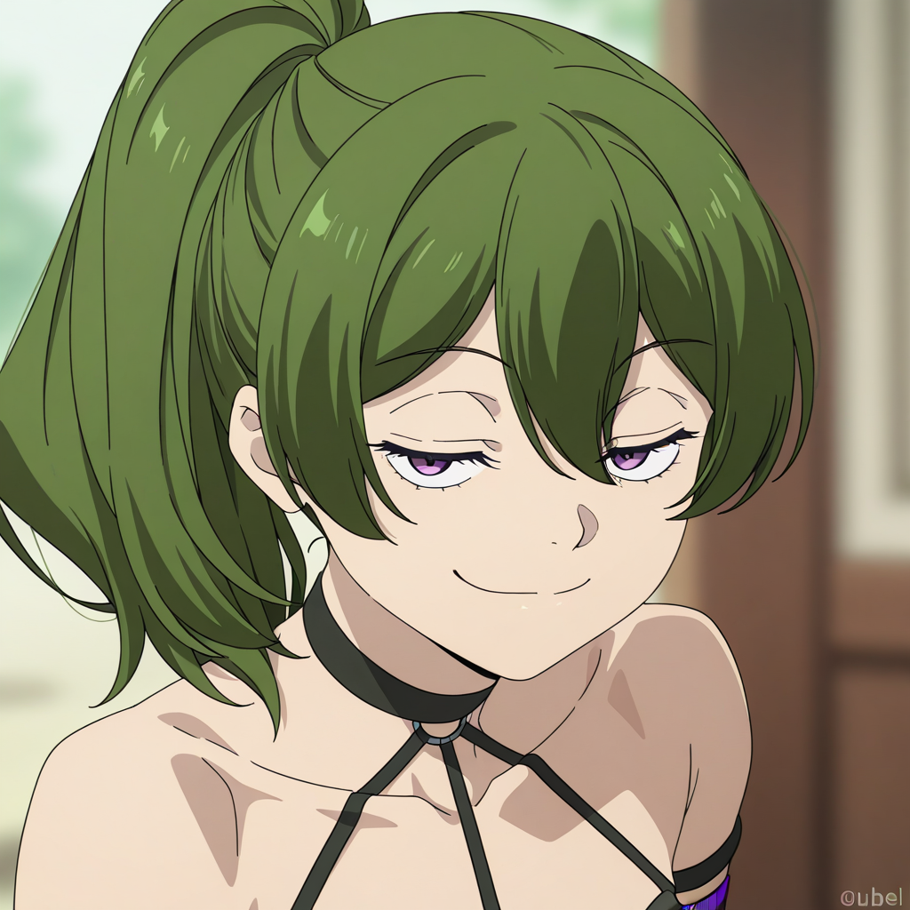 Übel,ubel,solo,smile,ponytail,collarbone,portrait,closed mouth,blurry background,bare shoulders,looking at viewer,choker,smug,anime coloring,blurry,high ponytail,black choker,meme,o-ring,