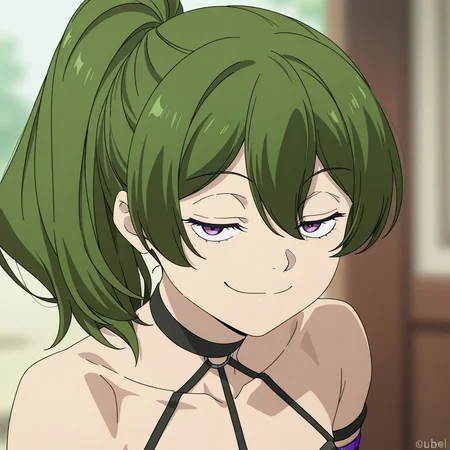 Übel,ubel,solo,smile,ponytail,collarbone,portrait,closed mouth,blurry background,bare shoulders,looking at viewer,choker,smug,anime coloring,blurry,high ponytail,black choker,meme,o-ring,