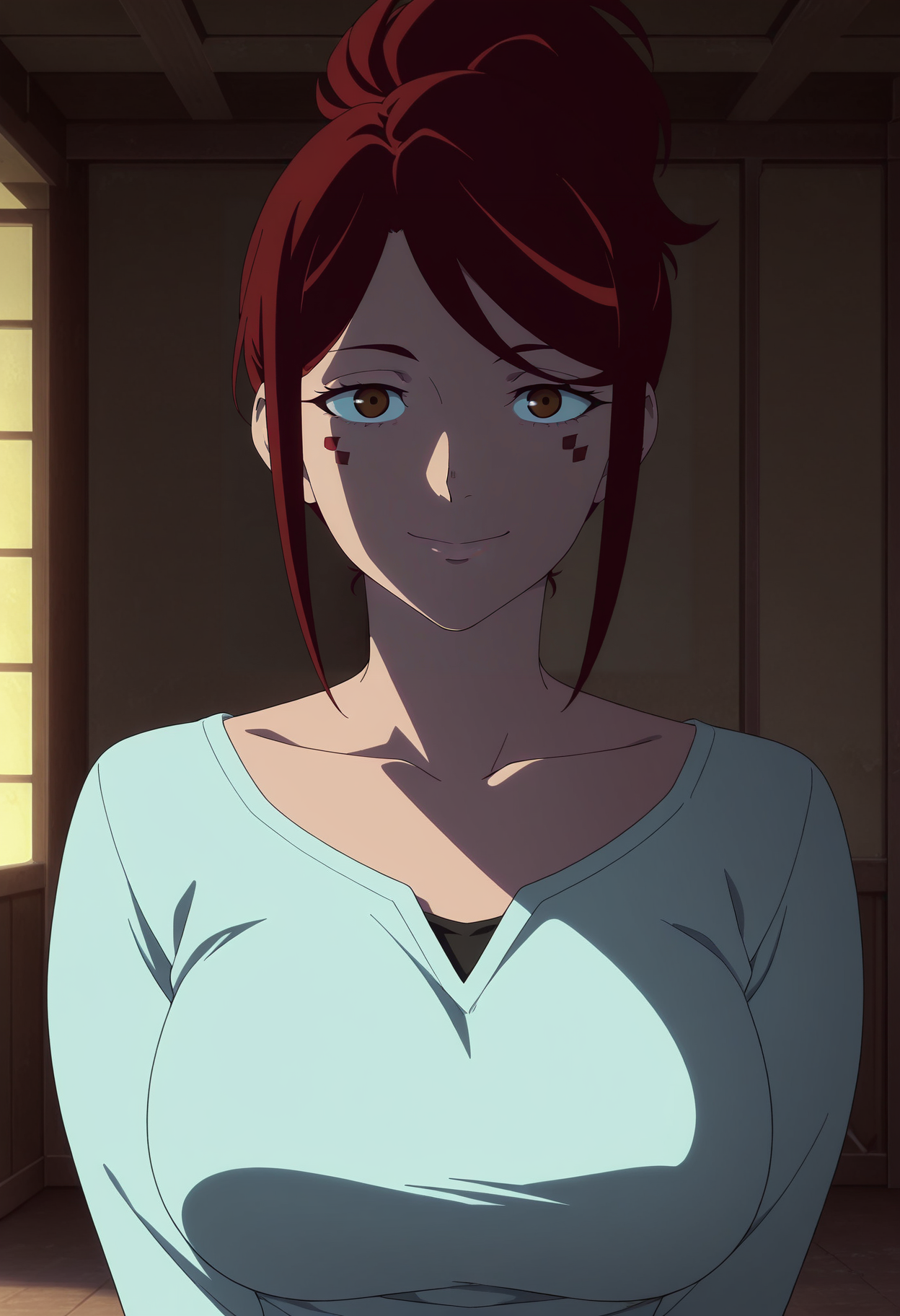 1girl,solo,gloria,mature female,red hair,facial mark,ponytail,indoors,anime coloring, 
,shirt,upper body, looking at viewer, smile
,masterpiece,best quality,amazing quality,<lora:Cyberpunk_Edgerunners-Gloria_Martinez_ix:0.8>