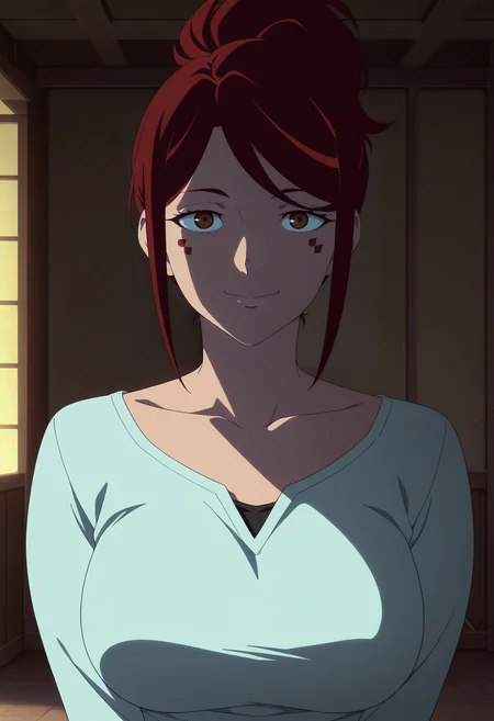 1girl,solo,gloria,mature female,red hair,facial mark,ponytail,indoors,anime coloring, 
,shirt,upper body, looking at viewer, smile
,masterpiece,best quality,amazing quality,<lora:Cyberpunk_Edgerunners-Gloria_Martinez_ix:0.8>