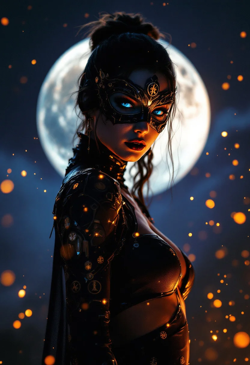 Moonlit Masquerade: A Masterpiece of Fantasy Photography. Silhouetted against a radiant moonlit backdrop, a mysterious woman dons a tight thief costume embroidered with golden symbols, her masked face and piercing blue eyes radiating an aura of intrigue. Her mecha left hand, adorned with gleaming metallic accents, assumes a dramatic pose as she gazes directly at the photographer, inviting us into her world. Vivid reflections dance across the surrounding terrain, casting a mystical glow. A sprinkling of sparkling dust particles suspended in air creates a whimsical bokeh effect, adding depth and dimensionality to this already breathtaking scene. Movie special effects grade style.