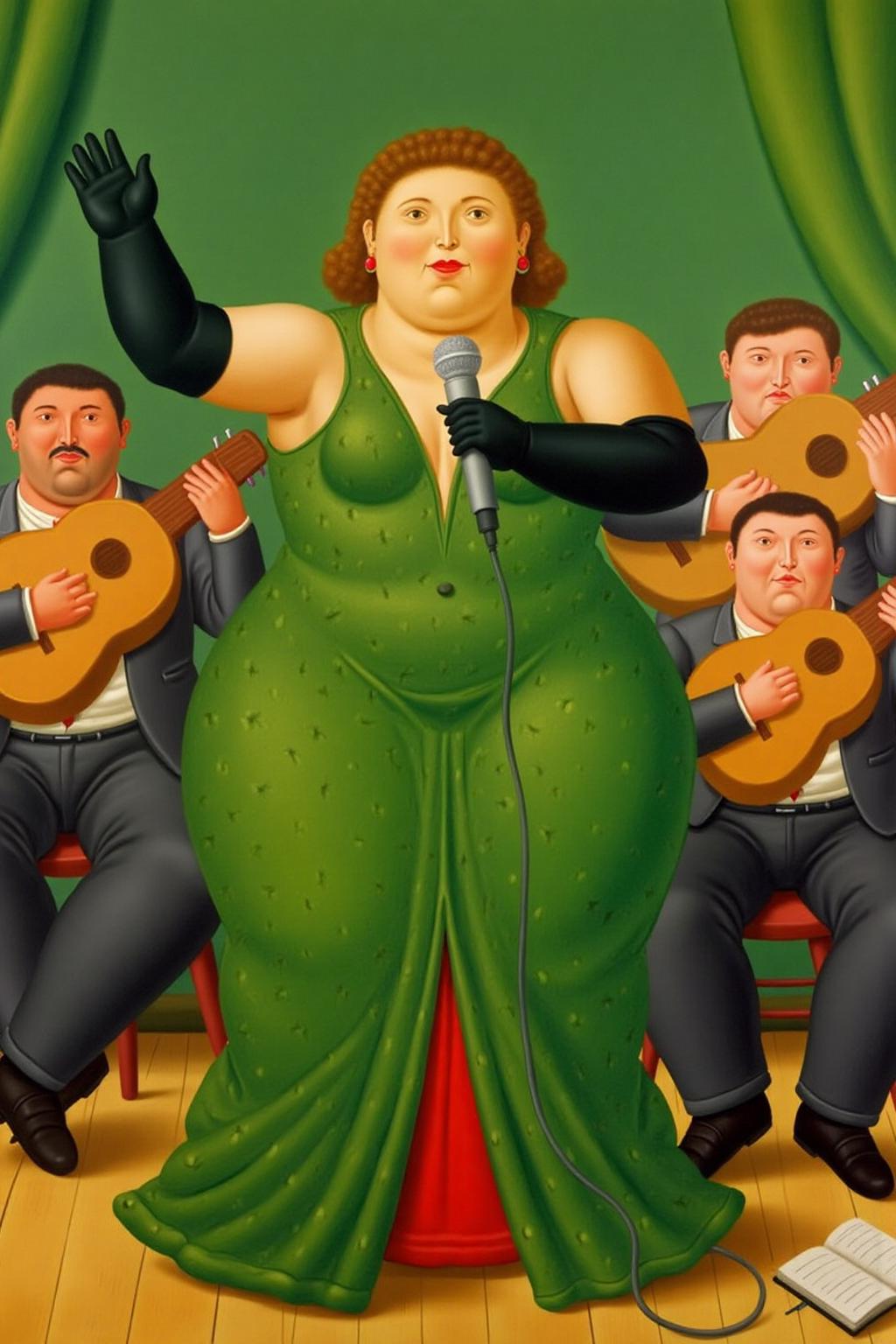 fernandobotero1 painting.
A woman in a floor-length green dress adorned with small polka dots sings into a microphone with her right hand while her left hand is raised dramatically. She has short curly hair and wears long black gloves. A group of men are playing musical instruments behind her.
 <lora:fernandobotero1_cap_d6a3e7:1.0><lora:840276296949944328:0>