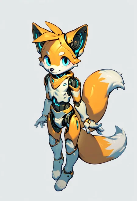 score_9, score_8_up, score_7_up, score_6_up, score_5_up, score_4_up, score_9, score_9, sfw, (solo), anthro, male, robot, short, young, fox, miles tails prower, yellow and white metal fur, high detailed, robot joints, smile, ((two tails)),