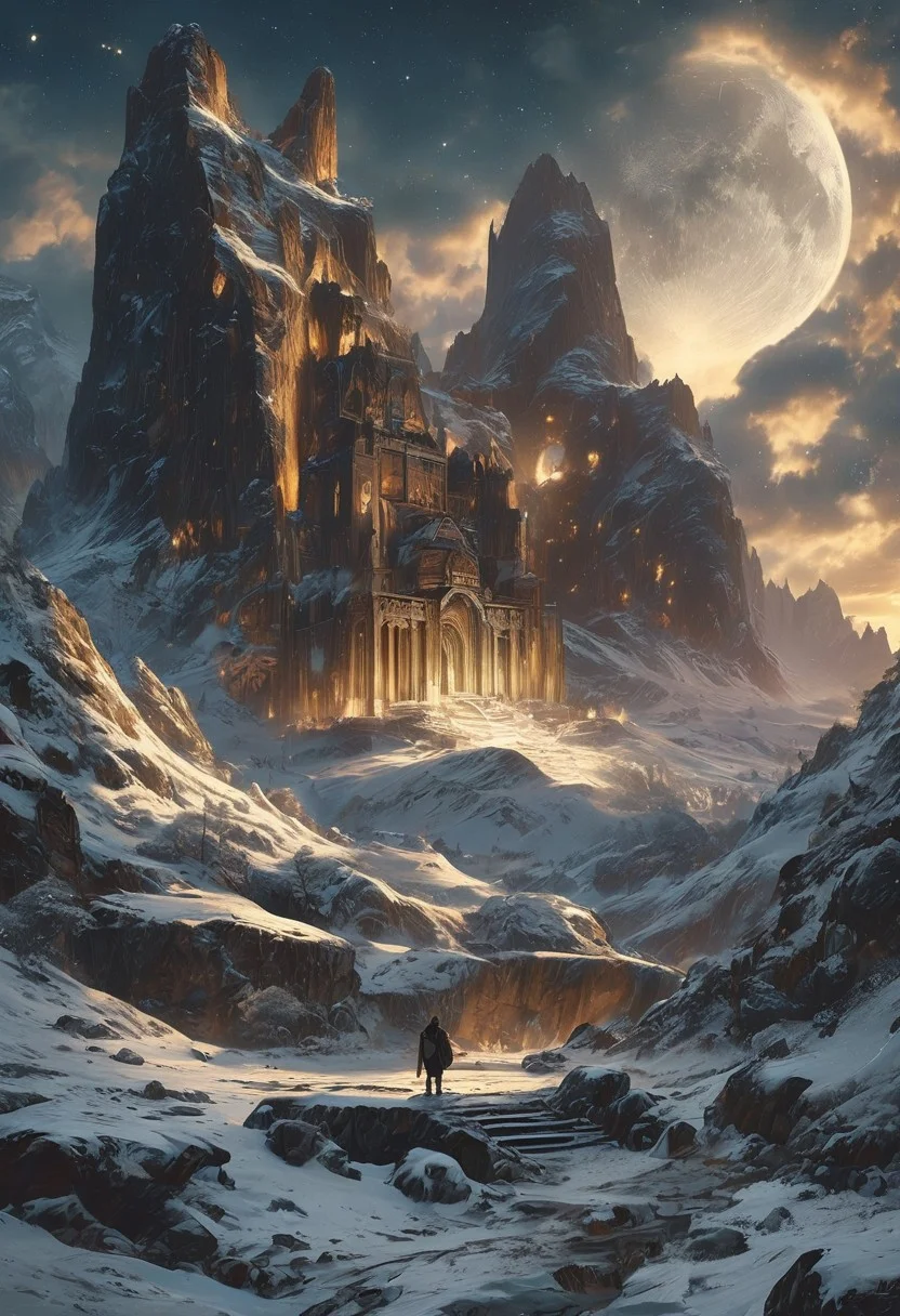 A captivating night scene illustration featuring a grand Norse viking hall standing tall on a rocky and snowy mountain. The Hall, adorned with some windows, emits a warm glow, highlighting its incredible craftsmanship. The snowy mountain is covered in great pine trees, reflecting on the calm, moonlit snow that mirrors the silvery moonlight. The full moon graces the sky, casting an ethereal glow on the clouds and mountain, while wispy clouds partially obscure its brilliance, adding to the scene's mystique. Twinkling stars dot the sky, creating a celestial tapestry that harmonizes with the moon's radiance. This enchanting artwork captures a serene and peaceful night, where the illuminated Norse Viking Hall stands resolute amidst the celestial beauty, creating a cinematic experience., illustration, cinematic
<lora:DonM3t3rn1tyXL-v1.1:0.7>, DonM3t3rn1tyXL,
OverallDetailXL <lora:MJ52:0.3> <lora:SDXLFaeTastic2400:0.4> <lora:EpicF4nta5yXL:0.7>
