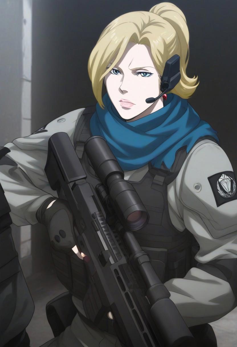 hanashiro, (mature female:1.0), confident, elegant, voluminous shoulder-length blonde hair, wearing red gemstone earrings, fair skin, sharp light blue eyes, soft pink lips. expression is calm and poised, exuding authority and beauty, Anime style, sharp clean lines, detailed shading, realistic lighting, high-quality character design, 4K resolution,, gloves, ponytail, weapon, fingerless_gloves, scarf, uniform, gun, military, military_uniform, holding_gun, rifle, headset, assault_rifle, knee_pads, blue_scarf, trigger_discipline, sniper_rifle, scope, bullpup, suppressor, heckler_&_koch, load_bearing_vest, sig_sauer, military_operator, hdr, low contrast, masterpiece, best quality, absurdres, highres, perfect anatomy, anime style, anime screenshot, ultra high quality, extremely detailed cg, perfect lighting, (sharp image) Expressiveh.