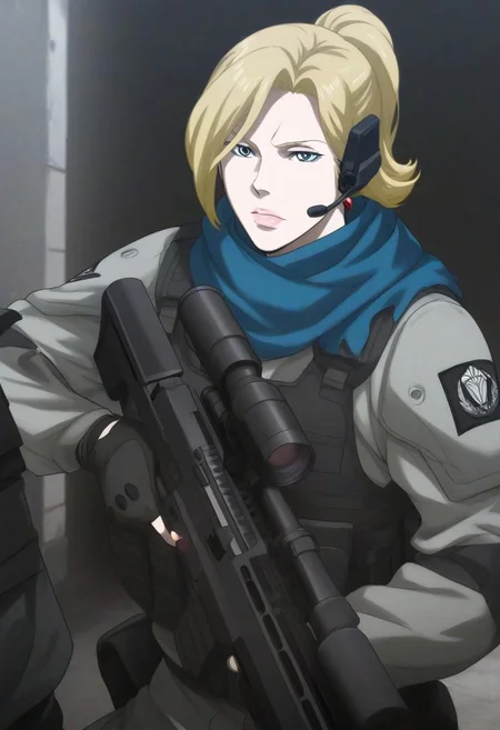 hanashiro, (mature female:1.0), confident, elegant, voluminous shoulder-length blonde hair, wearing red gemstone earrings, fair skin, sharp light blue eyes, soft pink lips. expression is calm and poised, exuding authority and beauty, Anime style, sharp clean lines, detailed shading, realistic lighting, high-quality character design, 4K resolution,, gloves, ponytail, weapon, fingerless_gloves, scarf, uniform, gun, military, military_uniform, holding_gun, rifle, headset, assault_rifle, knee_pads, blue_scarf, trigger_discipline, sniper_rifle, scope, bullpup, suppressor, heckler_&_koch, load_bearing_vest, sig_sauer, military_operator, hdr, low contrast, masterpiece, best quality, absurdres, highres, perfect anatomy, anime style, anime screenshot, ultra high quality, extremely detailed cg, perfect lighting, (sharp image) Expressiveh.