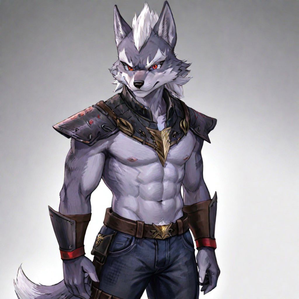 wolf o' donnel, shirtless, white hair, white mohawk hair style, white chest fur, red eyes, checky smile, penis bulge, tight pants, long tail