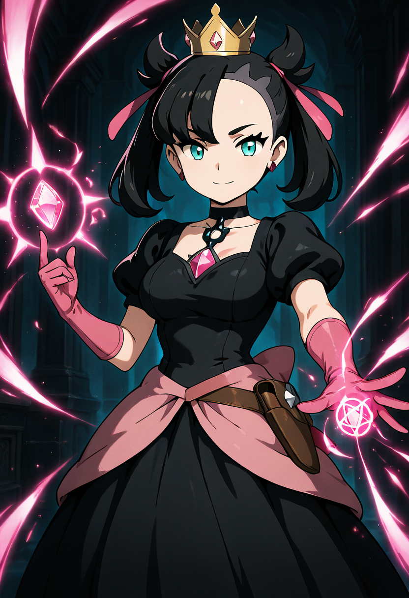 masterpiece, best quality, 1girl, solo, eyelashes, (beautiful eyes), shiny skin, looking at viewer, smile, zzShadowMarnieCitron, aqua eyes, black hair, hair ribbon, medium hair, asymmetrical bangs, twintails, mini crown,  marnie (pokemon), large breasts, narrow waist,  black dress, puffy short sleeves, black choker, gem, pink ribbon, pink gloves, bow, chiaroscuro, magic, incoming attack,  ,<lora:ShadowHimeMarnieCitronOCIXL_v3:0.8>,  [Arcane Rune Scribe], linen robes with stitched runic patterns, layered vest with glowing sigils, ink-stained gloves, quill holster belt, floating scrolls circling head, etched glasses with translation glyphs, ancient library lit by hovering candles, standing among open tomes, focused expression,