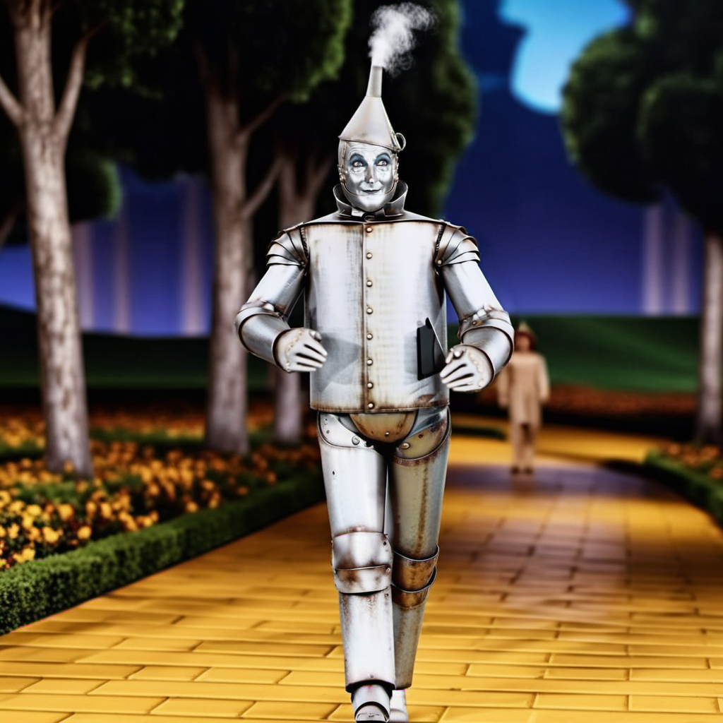 TinMan1024, full body, walking on a yellow brick road, detailed eyes, highly detailed, photography, ultra sharp, film, bokeh, professional, 4k  <lora:add-detail-xl:1.5> <lora:TinMan1024:0.8>