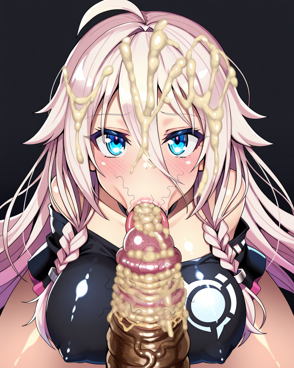 1girl, solo, ia \(vocaloid\),blonde hair,ahoge,long hair,twin braids,hair between eyes,blue eyes,black choker,black shirt,bare shoulder, huge breasts, covered nipples, ninoparu, stray pubic hair, (excessive cum, bukkake, cum on hair, cum on clothes:1.2), :>=, fellatio, 1boy, pov, penis, looking at viewer, simple background, white background, masterpiece, best quality, very aesthetic, absurdres