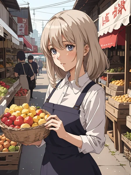 a scene of a farmer's wife managing a bustling marketplace, selling fresh produce and goods, high quality detail, ((intricate detail)), complex illustration, high contrast, intricate background detail
masterpiece, best quality, ((anime screencap)),