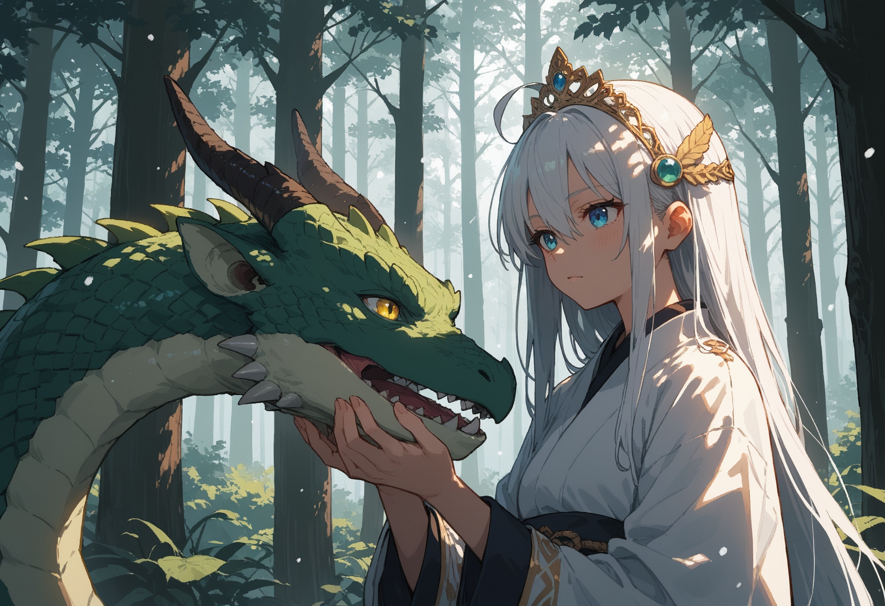score_9, score_8_up, score_7_up,source_anime,1girl,solo,white hair,very long hair,hair between eyes,ahoge hair,blue eyes,perfecteyes,eyebrows,white kimono,green lining,tiara,hair ornament,sunny,sunlight,snowing,giant green dragon,hands on dragon,petting the dragon,forest,trees,plants,sinozick,flat colors