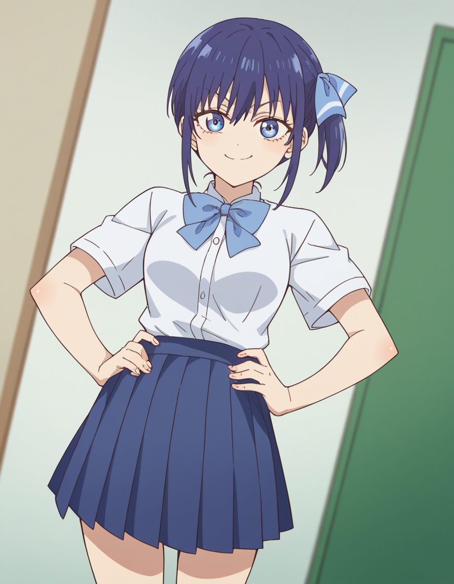 score_9, score_8_up, score_7_up, source_anime, <lora:nagisa-minase-s2-ponyxl-lora-nochekaiser:1>, nagisa minase, bangs, blue eyes, blue hair, hair ribbon, side ponytail,, skirt, shirt, bow, school uniform, white shirt, short sleeves, pleated skirt, bowtie, blue skirt,, indoors, smug, smile, looking at viewer, solo, hands on hips,, cowboy shot, dutch angle