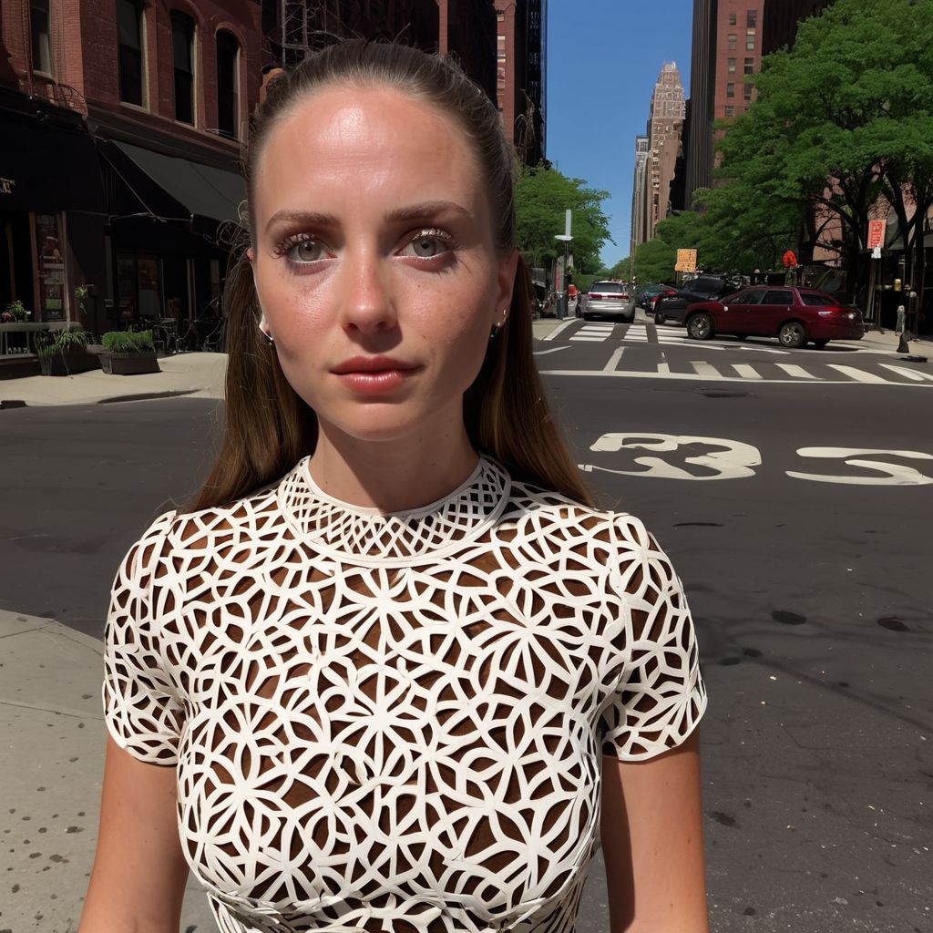 8k, RAW photo, highest quality), beautiful (white skin woman),  , dress, (detailed eyes:0., (looking at the camera:1.4), (high-resolution image), (best shadow) , skin textures, intricate details, exterior , coffetiria new york outfside stand