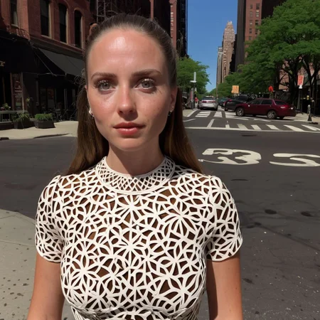 8k, RAW photo, highest quality), beautiful (white skin woman), , dress, (detailed eyes:0., (looking at the camera:1.4), (high-resolution image), (best shadow) , skin textures, intricate details, exterior , coffetiria new york outfside stand