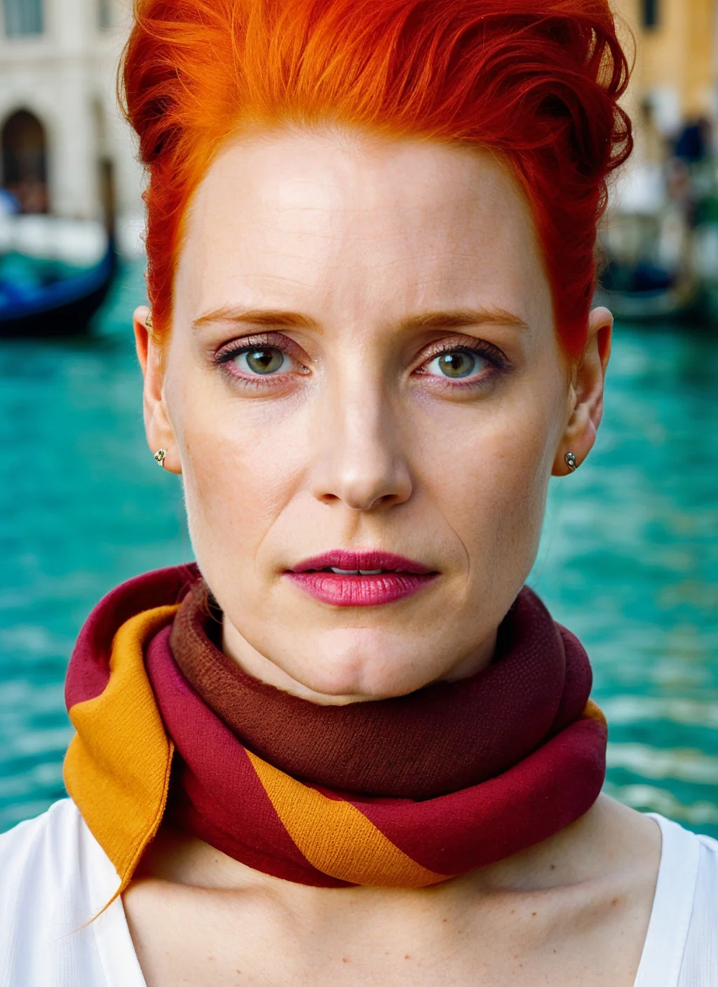 portrait of ((sks woman)) by Flora Borsi in venice, at the river, style by Flora Borsi, bold, bright colours, Mohawk haircut, ((Flora Borsi))  <lora:locon_jessicachastain_v1_from_v1_64_32:1> by Jimmy Nelson