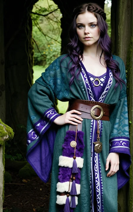 1girl,Britain, Judith from the TV series Vikings, Jennie Jacques, 30yo, dark hair, beautiful face, round face, cute face, long hair, dark hair, blue eyes, curvy, large breasts, A mystic seerâs robe in deep amethyst, moss green, and twilight silver, crafted from hand dyed wool with celestial inspired embroidery. The wide sleeves are lined with sheepskin for warmth, while a heavy bronze pendant hangs from the high collar. Paired with tasseled leather sandals and a handwoven sash.,