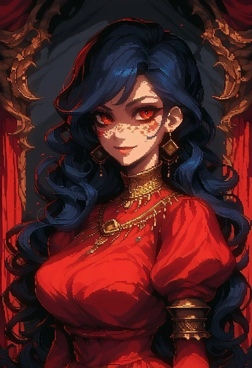 score_9, score_8_up, score_7_up, pixel art, H3style female figure portrait, black hair, red dress, classic art, hyper-detailed, pixel art