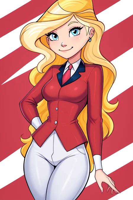 score_9, score_8_up, score_8, medium breasts, (curvy), cute, eyelashes, ,,, , zzSarahWhitney, blue eyes, blonde hair, long hair, red shirt, necktie, white pants, <lora:SarahWhitneyHorseland_PDXL:1.0>, , BREAK, <lora:Afrobull_PDXL_v5:0.8>, ,,, BREAK, smile, looking at viewer, closed mouth, cowboy shot, ,,, embedding:zPDXL, Expressiveh, ,,, <lora:SDXLFaeTastic2400:0.5>, <lora:Expressive_H-000001:0.4>,