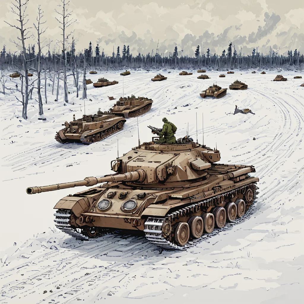 On a snowy training ground in Canada, a cntrntnk tank conducts cold weather maneuvers, its tracks leaving deep impressions in the snow, demonstrating the tank's operational versatility in extreme climates ((pulp_comic, heavy_lines, hand_drawn, hand_inked, hand_colored, perfect_face, apxlz))