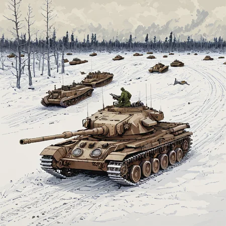 On a snowy training ground in Canada, a cntrntnk tank conducts cold weather maneuvers, its tracks leaving deep impressions in the snow, demonstrating the tank's operational versatility in extreme climates ((pulp_comic, heavy_lines, hand_drawn, hand_inked, hand_colored, perfect_face, apxlz))