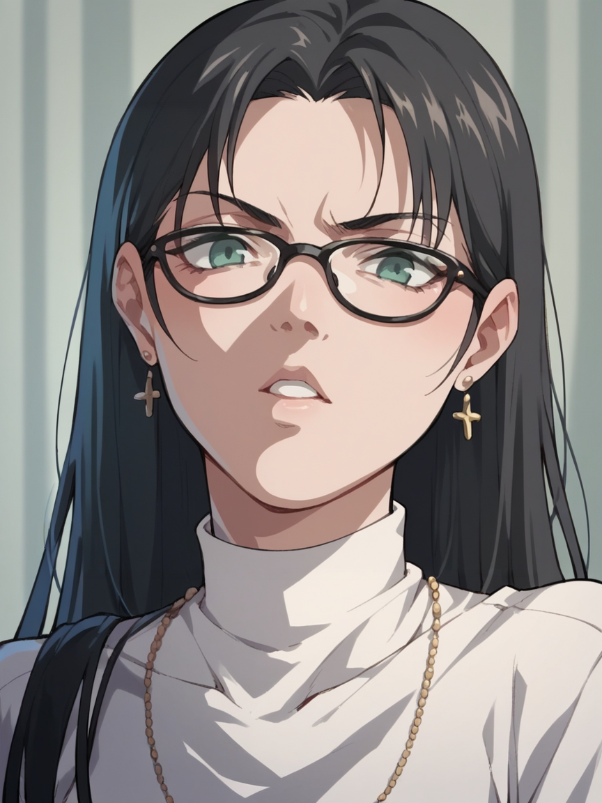 score_9, score_8_up, score_7_up, score_6_up,  <lora:BBXLP:1> (BB), black bible, cel shading, 1girl, glasses,