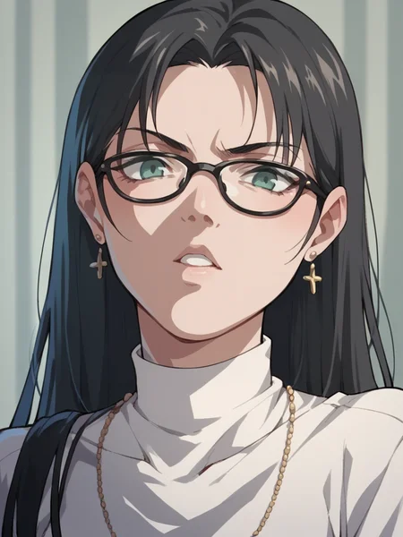score_9, score_8_up, score_7_up, score_6_up, <lora:BBXLP:1> (BB), black bible, cel shading, 1girl, glasses,
