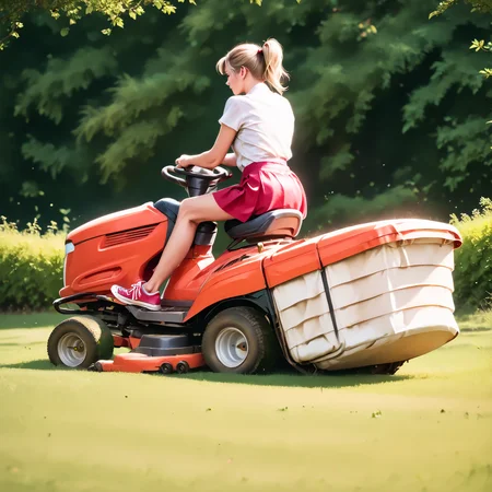 score_9, score_8_up, score_7_up, rilamo (side view) , (slim 25yo female) riding a lawn mower. red short skirt, white blouse, sneakers , short blonde ponytail <lora:RideLawnMowerPony:1>