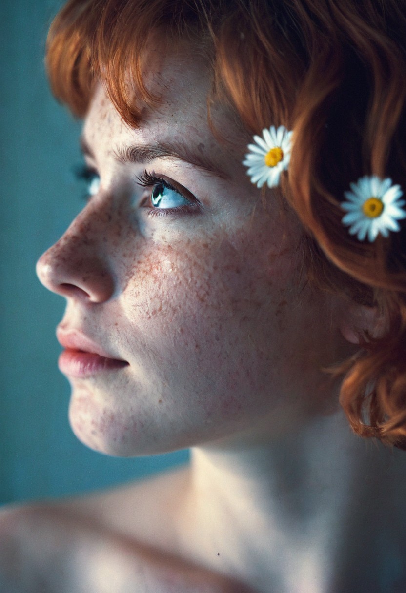 analog photo, a close-up portrait of a young woman with pale skin and short ginger hair, soft waves framing her face. Her cheeks and nose are covered with prominent natural freckles. Small white daisy flower is delicately placed in her hair. She gazes slightly to the side with a calm, introspective expression. The composition uses a shallow depth of field: only her face and eyes are in sharp focus, while the background and even parts of her neck and hair fade into a smooth bokeh. The lighting is soft and natural, creating a warm, dreamy atmosphere. The frame is tightly cropped, cutting off the top of her head and shoulders, focusing on facial features and skin texture. Shadow and Light play on her face. Fine art photography, pastel tones, cinematic lens blur, photorealistic detail, bokeh, shallow depth of field, Kodachrome, 35mm, film grain