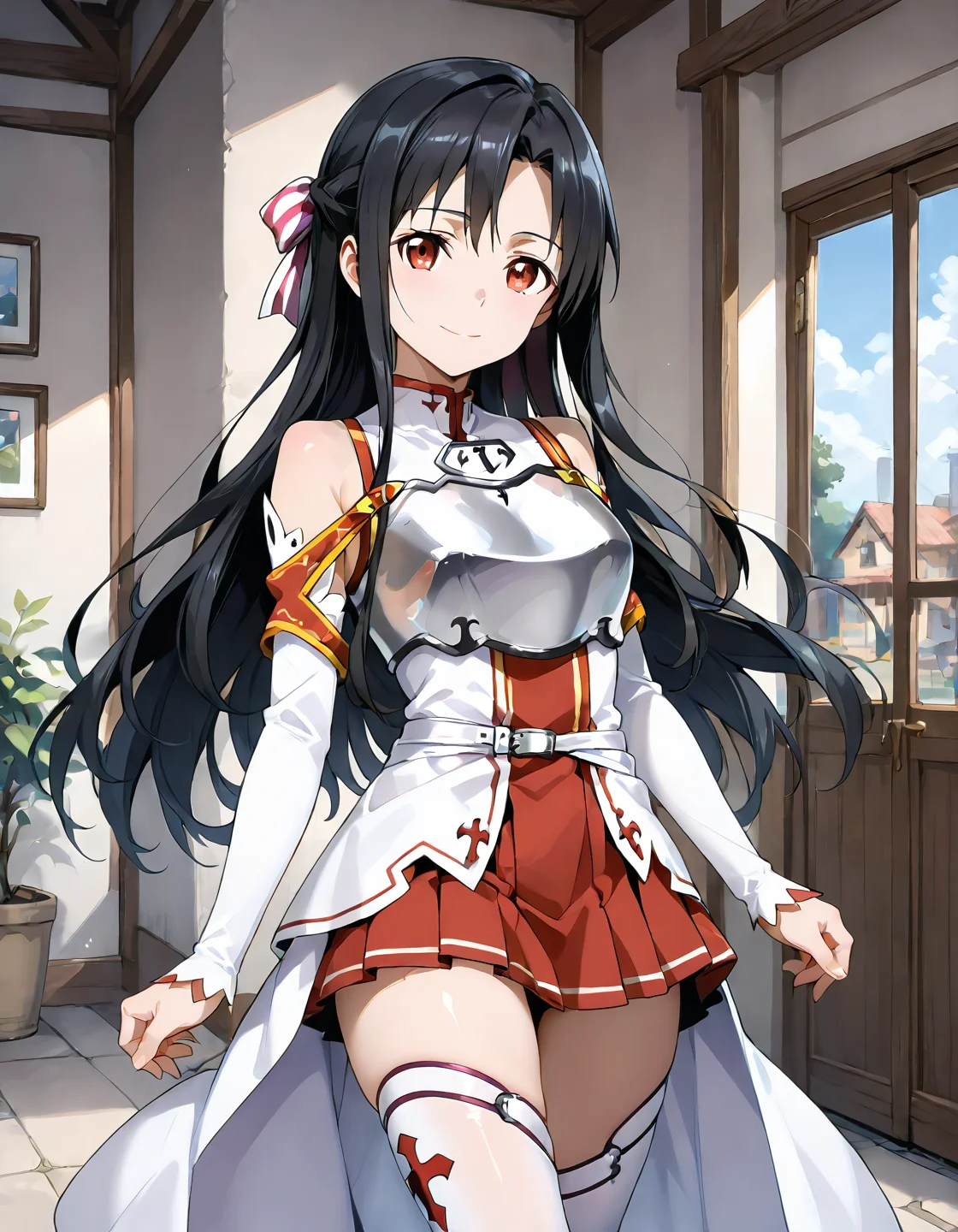 score_9, score_8_up, score_7_up, source_anime, <lora:add-detail-xl:1>, good anatomy, masterpiece, amazing quality, ultra detailed, good hand
BREAK 1girl, walking, in town, happy,
BREAK <lora:Mayumi Saegusa-PonyXL-lora-Faxtron:0.8> mayumi saegusa, red eyes, black hair, long hair, large breasts, striped ribbon,
BREAK <lora:Knights-of-the-Blood-Oath-uniform:0.9> Knights-of-the-Blood-Oath-uniform, skirt, red skirt, pleated skirt, mini skirt, white dress, detached sleeves, white belt, waist cape, white waist cape, silver breastplate, white thighthighs,
